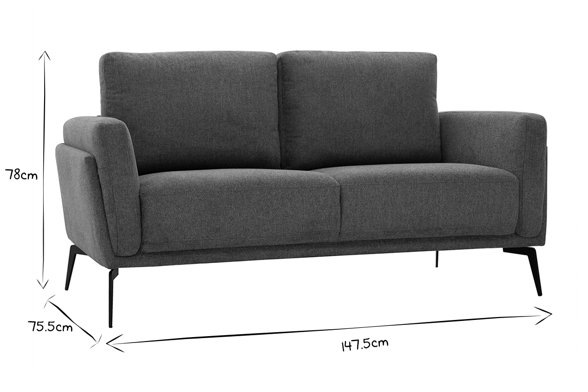 Canap� design 2 places gris fonc� avec dimensions en noir et blanc : 78cm (hauteur), 75.5cm (profondeur), 147.5cm (largeur).
