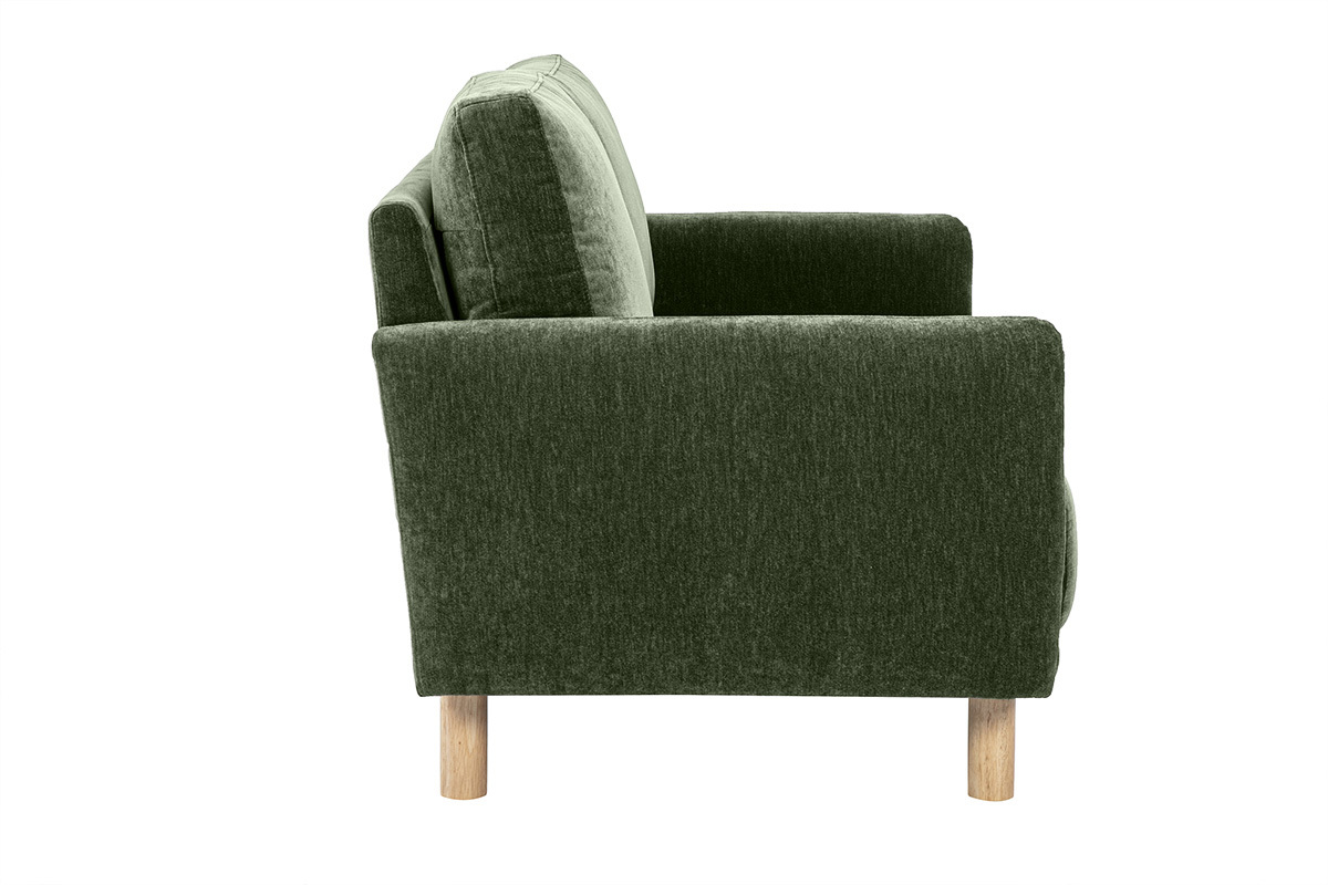 Canap� 2 places en velours vert kaki, vue de c�t�, pieds en bois clair.