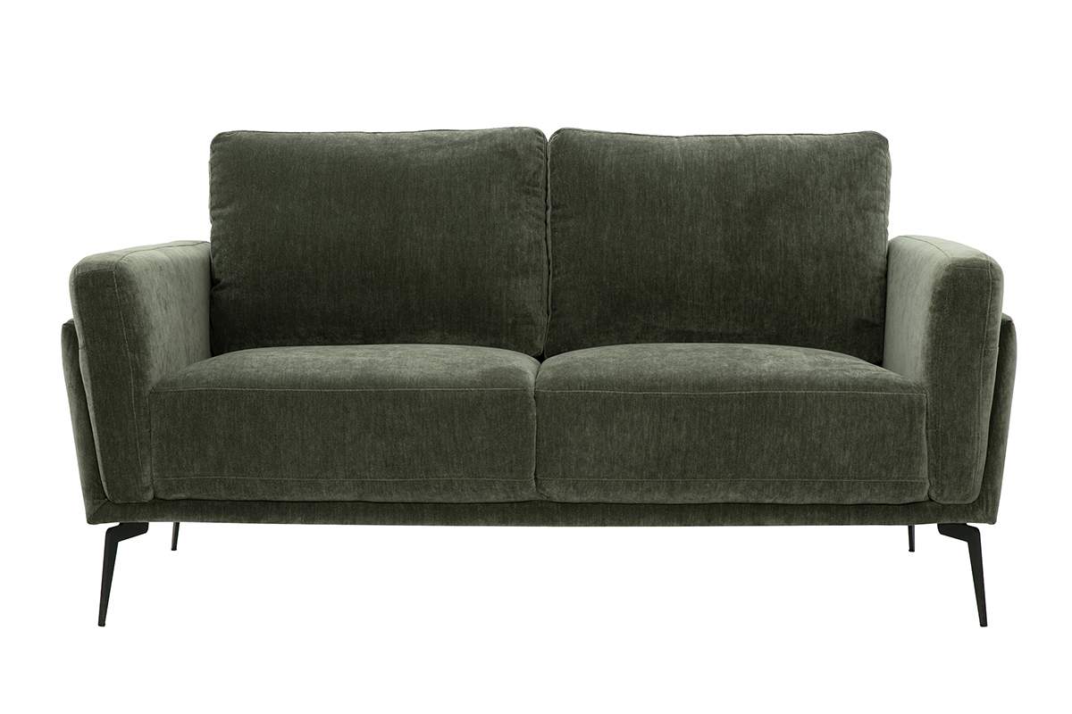Canap� design 2 places en tissu effet velours vert kaki et m�tal noir MOSCO
