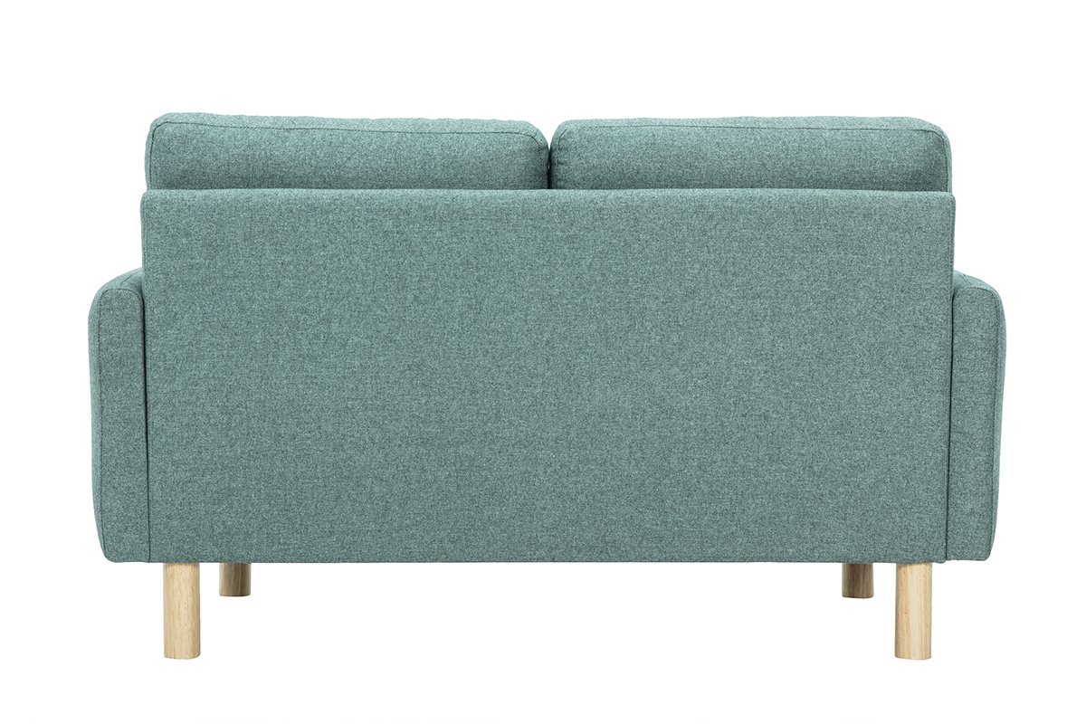 Canap� 2 places vert de gris en tissu et bois clair vu de dos.