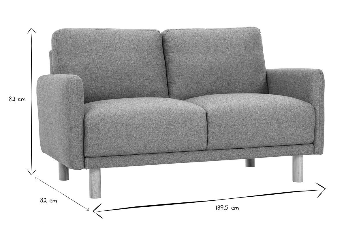 Canap� BONO 2 places, dimensions 139.5x82x82 cm, tissu vert de gris, bois, vue de face, noir et blanc.