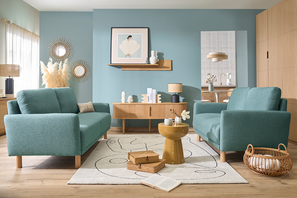 Canap� design 2 places en tissu vert de gris et bois clair BONO