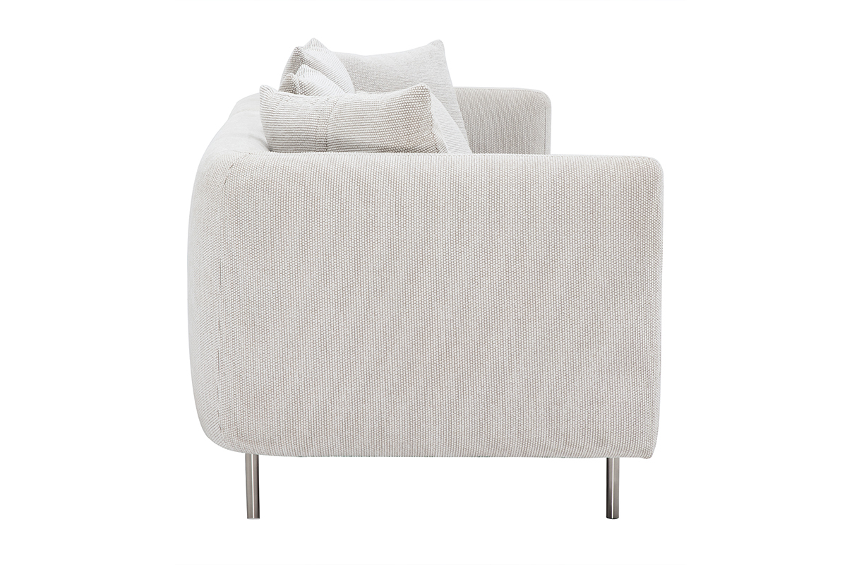 Canap� beige en tissu effet velours chenill� avec pi�tement chrom�, vue de c�t�.