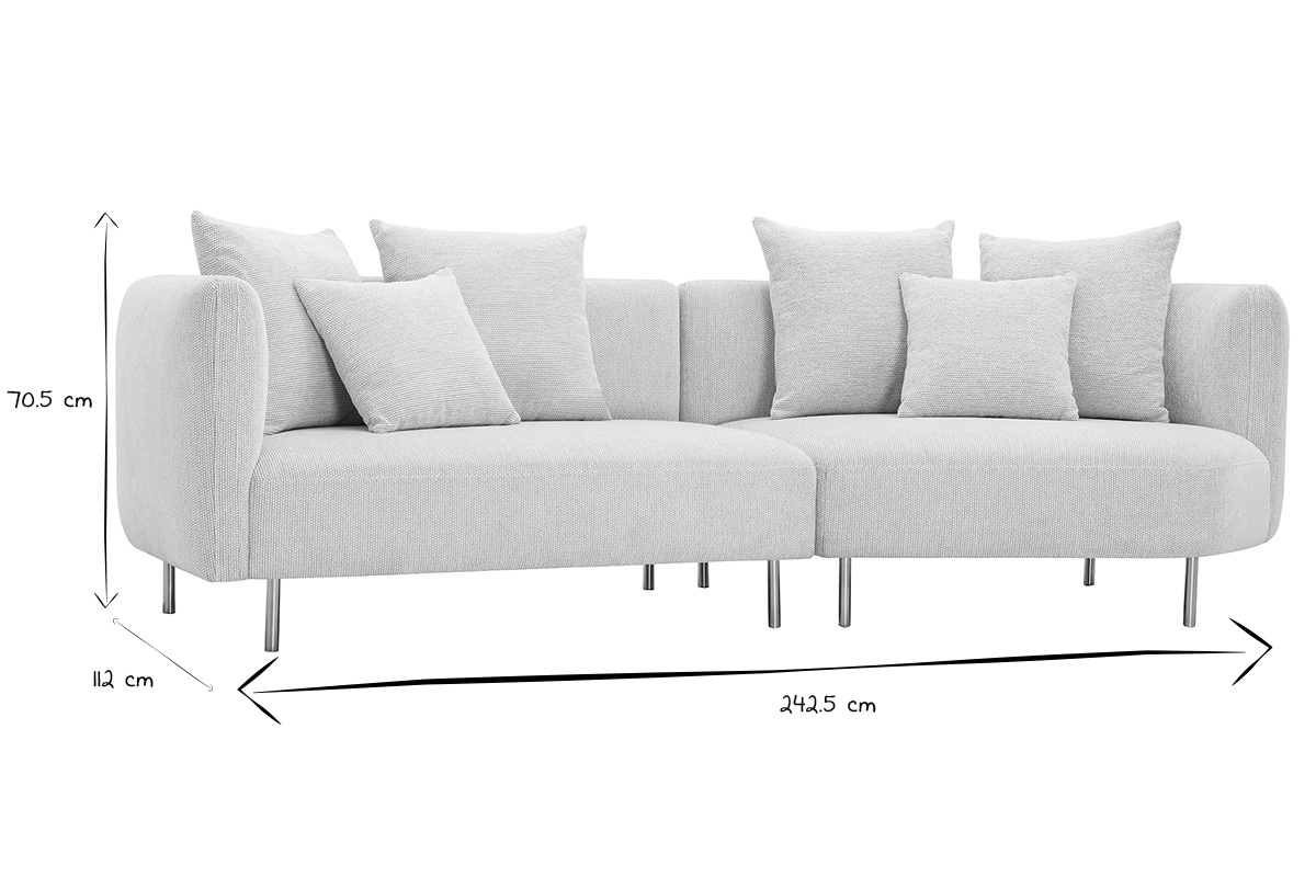 Dimensions d'un canap� design 3-4 places en tissu effet velours chenill�, noir et blanc, avec pieds en m�tal.