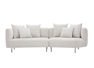 Canap&eacute; design 3-4 places en tissu effet velours chenill&eacute; beige clair et m&eacute;tal chrom&eacute; IGLESIAS