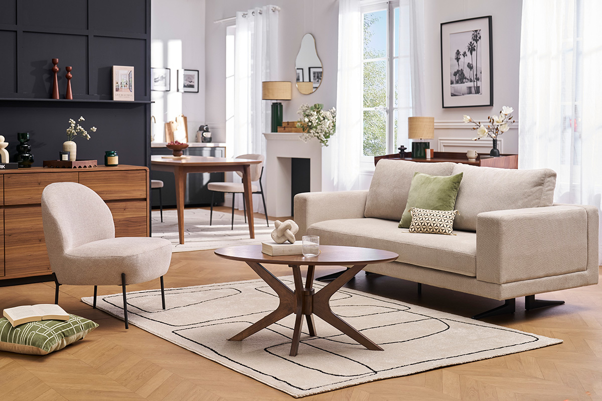 Canap� design 3 places en tissu chenille beige et m�tal noir LENNON