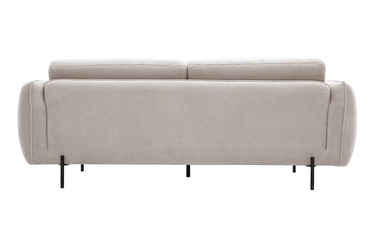 Vue arri�re d'un canap� 3 places en tissu chenille beige, pieds en m�tal noir.