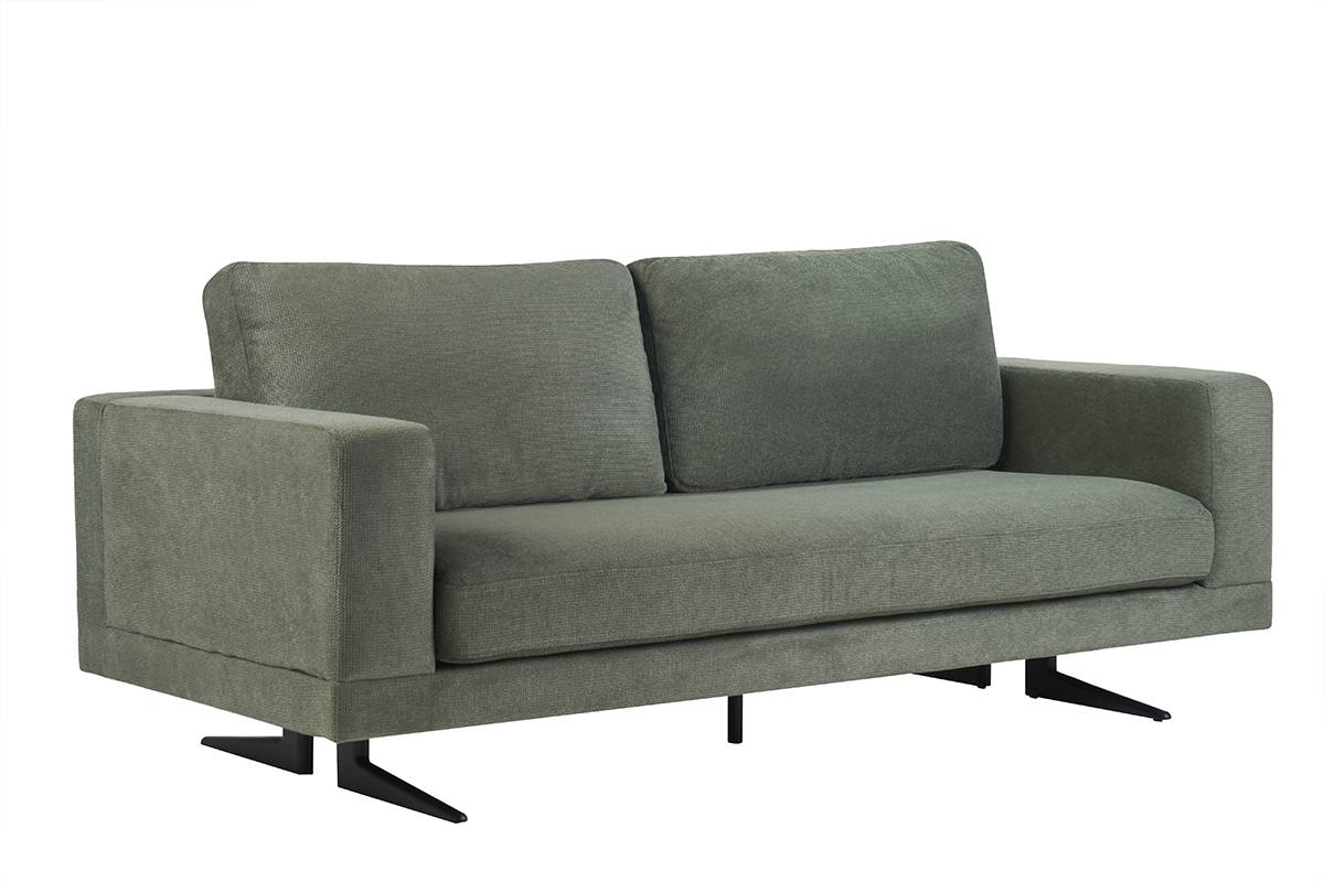 Canap� design 3 places en tissu chenille vert kaki et m�tal noir LENNON