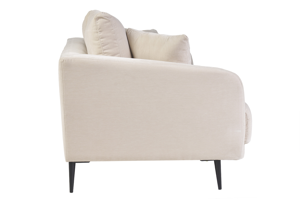 Canap� 3 places en tissu effet velours beige, vue de c�t�, pieds en m�tal noir.