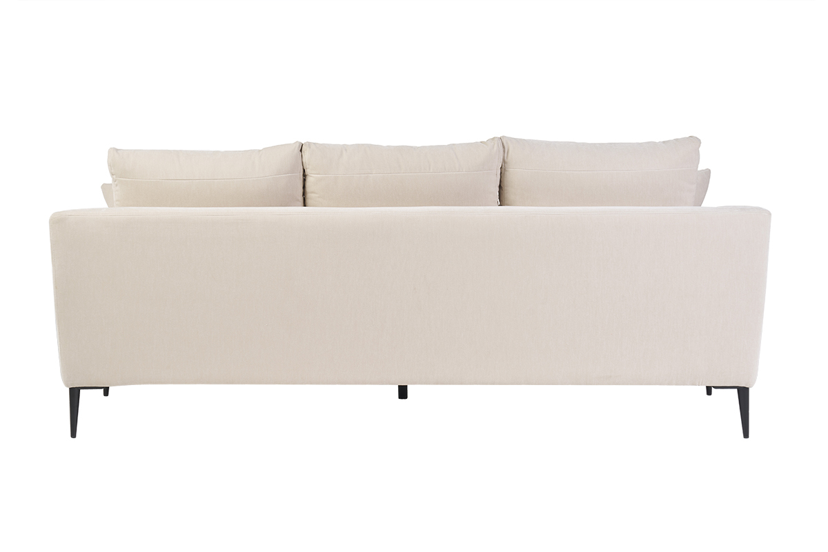 Canap� 3 places beige, effet velours, vue arri�re, pieds en m�tal noir.