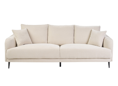 Canap&eacute; design 3 places en tissu effet velours beige et m&eacute;tal noir JERRY