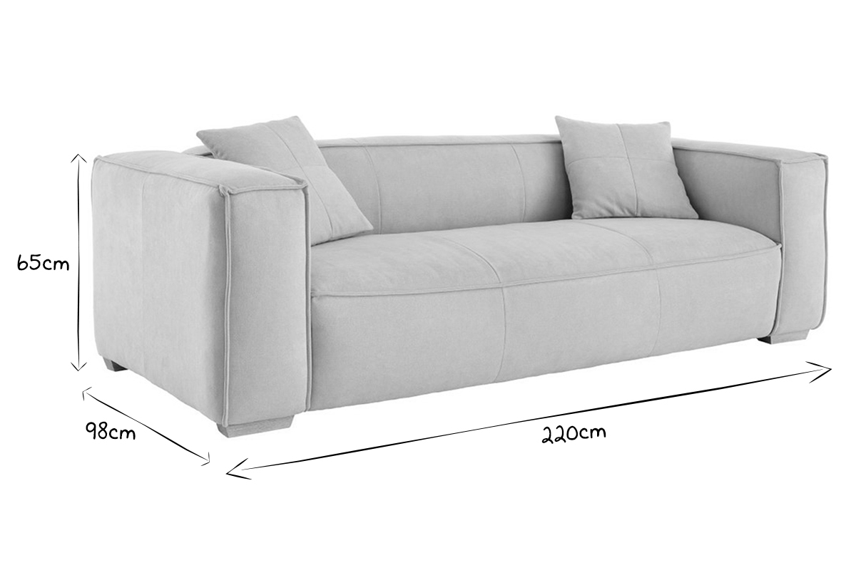 Canap� design 3 places en tissu effet velours beige naturel et bois clair COBAIN