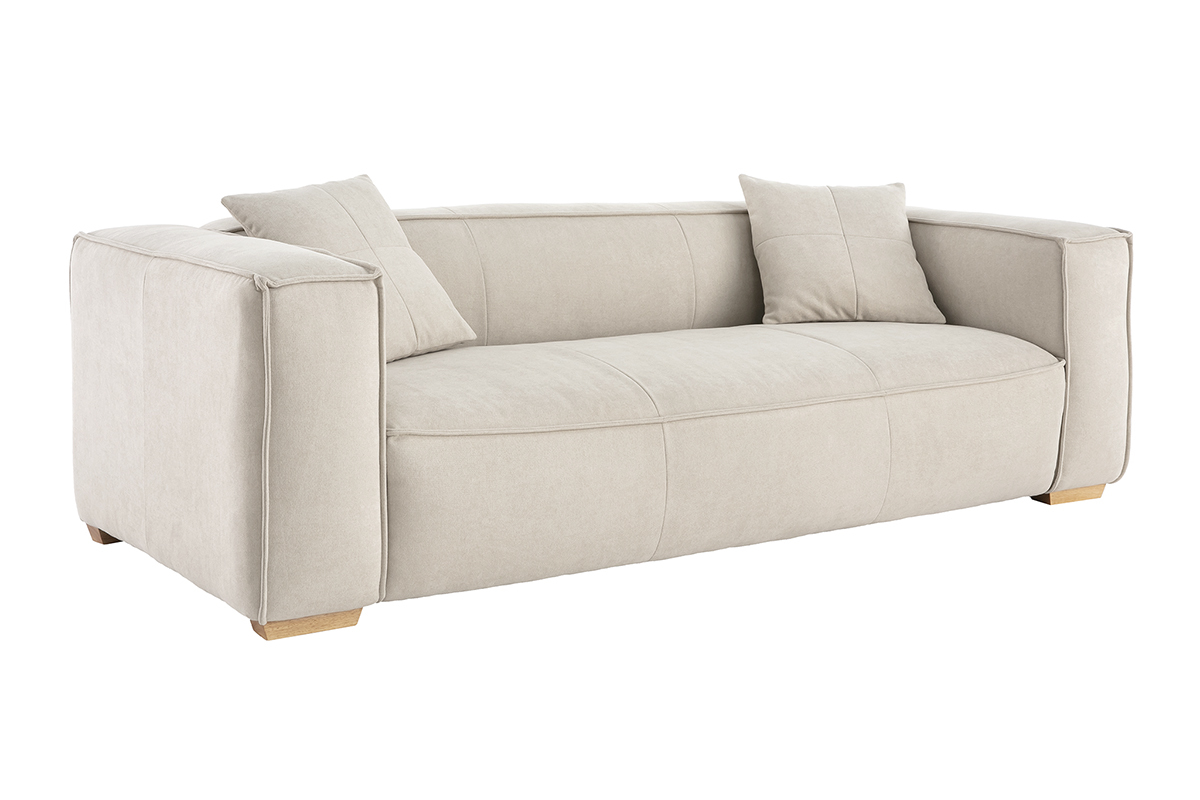 Canap� design 3 places en tissu effet velours beige naturel et bois clair COBAIN