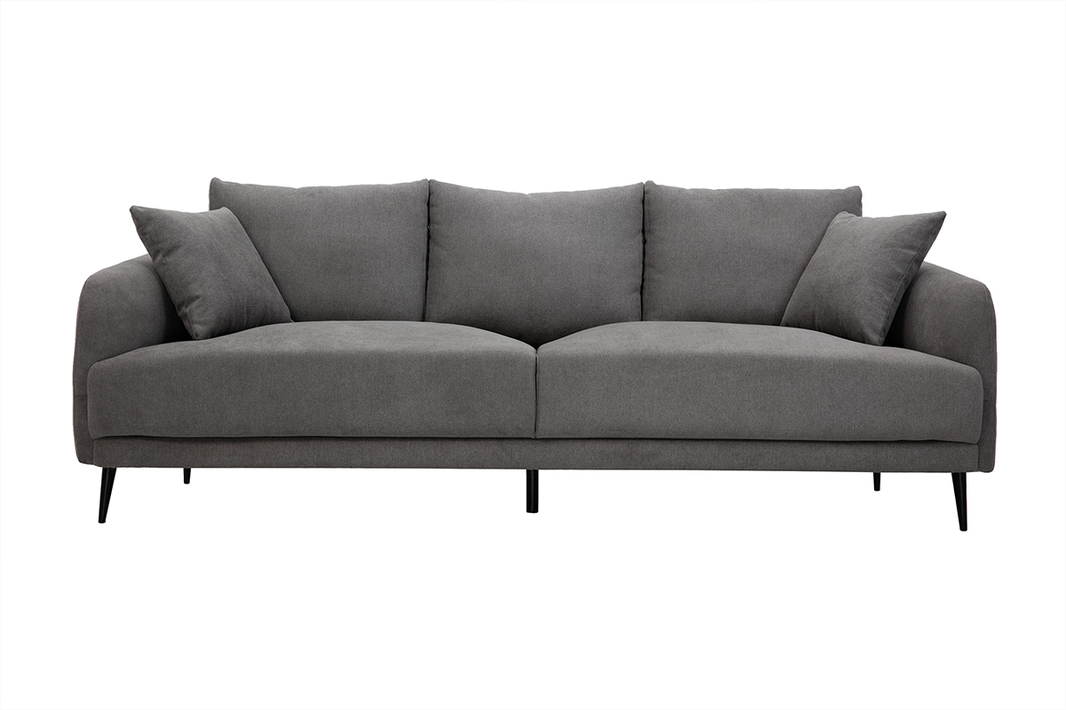 Canap� design 3 places gris en tissu effet velours, pieds en m�tal noir, vue de face.
