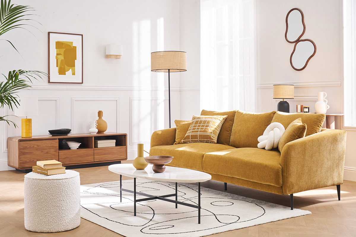Canap� design 3 places en tissu effet velours jaune curry et m�tal noir JERRY