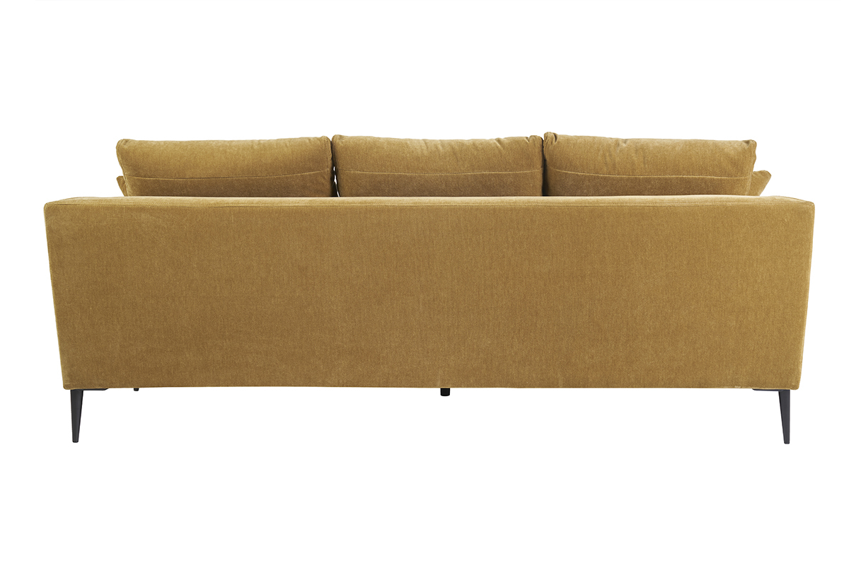 Canap� design 3 places en tissu effet velours jaune curry et m�tal noir JERRY
