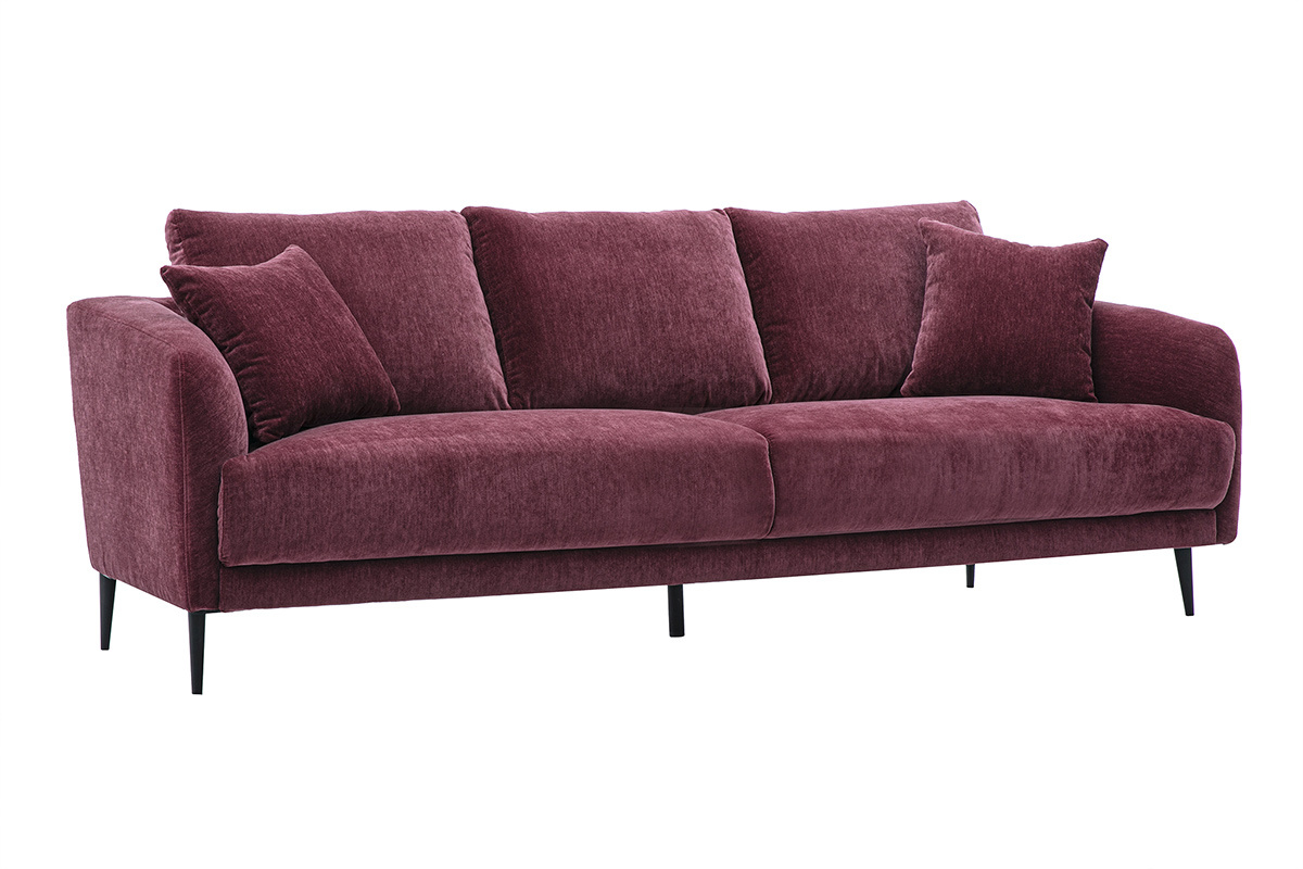 Canap� design 3 places en tissu effet velours prune, vue de 3/4, pieds en m�tal noir