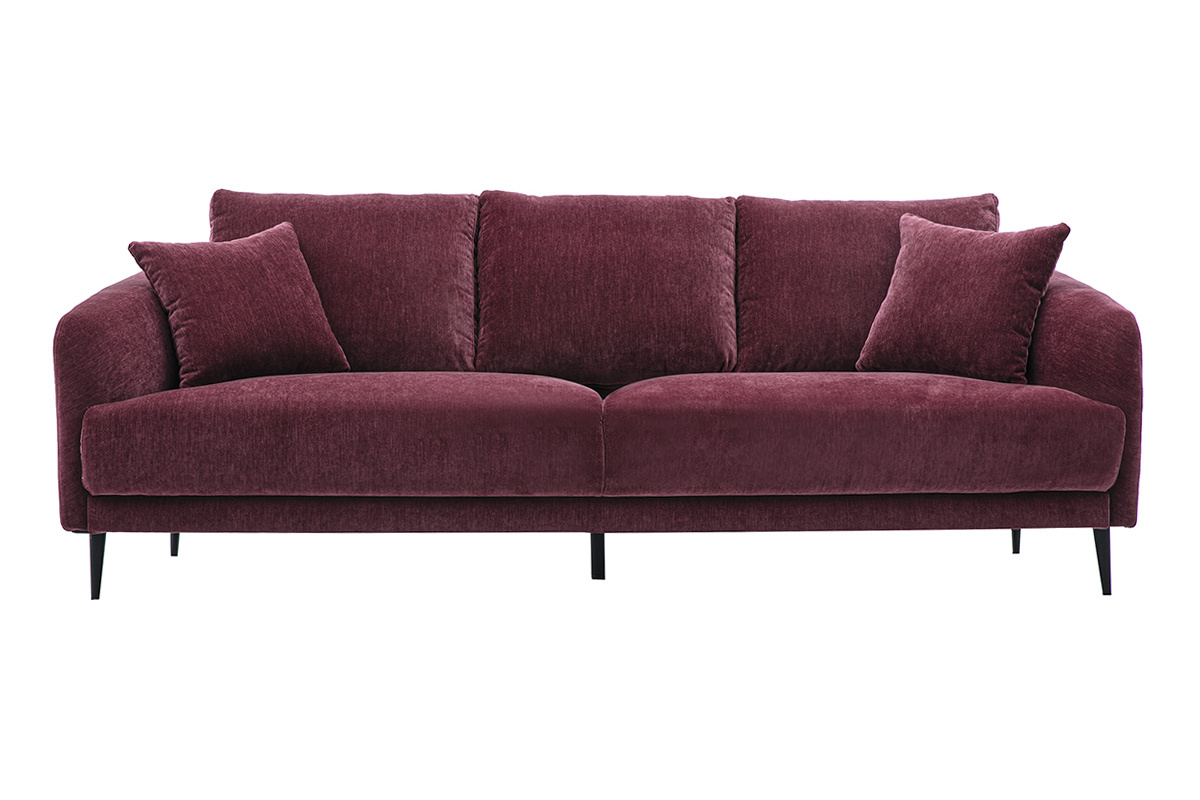 Canap� design 3 places en tissu effet velours prune, vue de face avec coussins