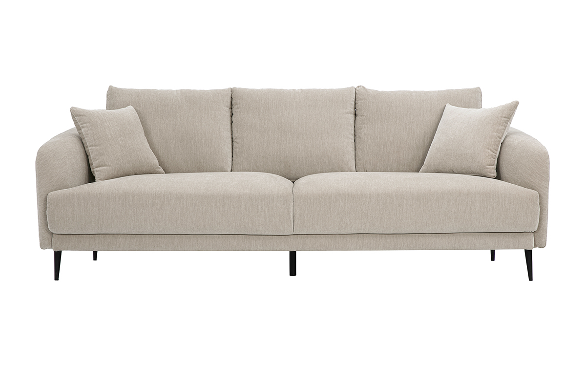 Canap� design 3 places en tissu effet velours taupe avec coussins moelleux, vue de face