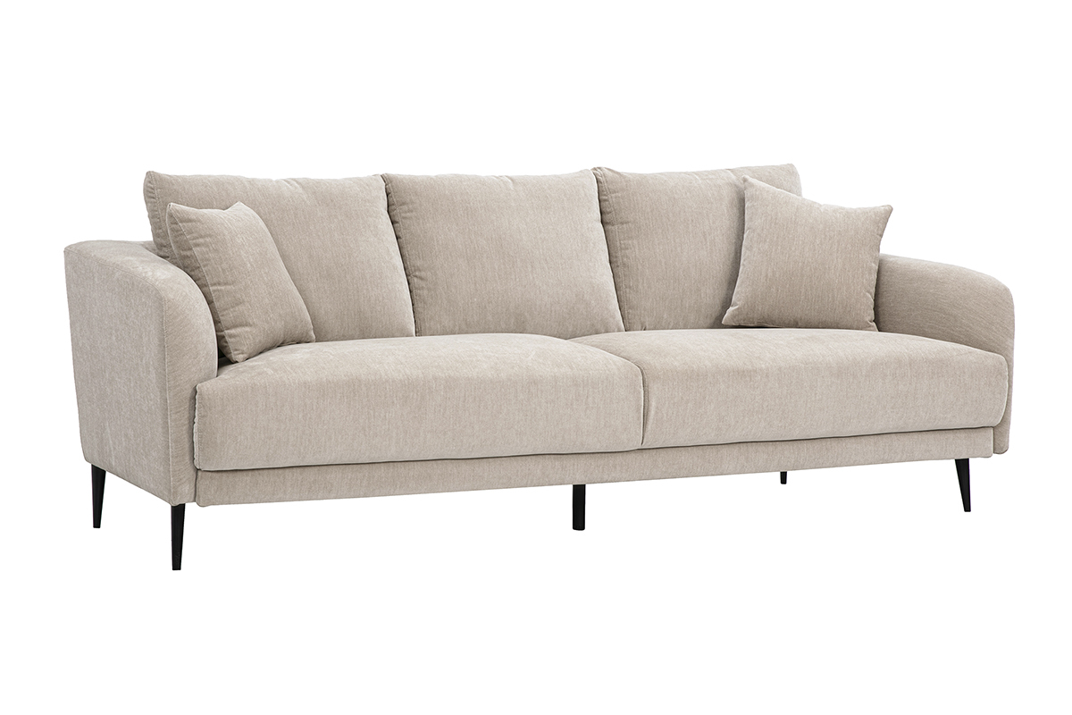 Canap� design 3 places en tissu effet velours taupe avec coussins moelleux et pieds en m�tal noir.