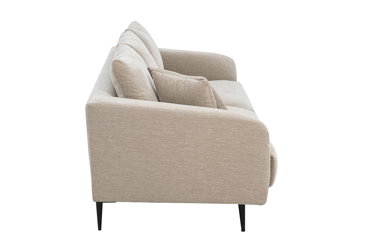 Canap� design 3 places JERRY en tissu effet velours taupe, vue de profil, avec accoudoirs et coussins moelleux.