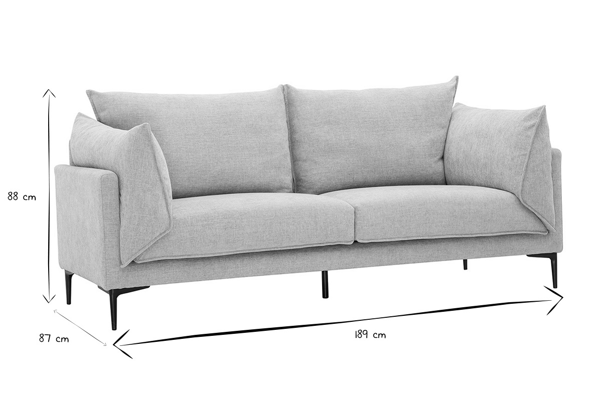 Dimensions du canap� design 3 places MARIUS indiqu�es en noir et blanc: 189 cm L x 87 cm P x 88 cm H.