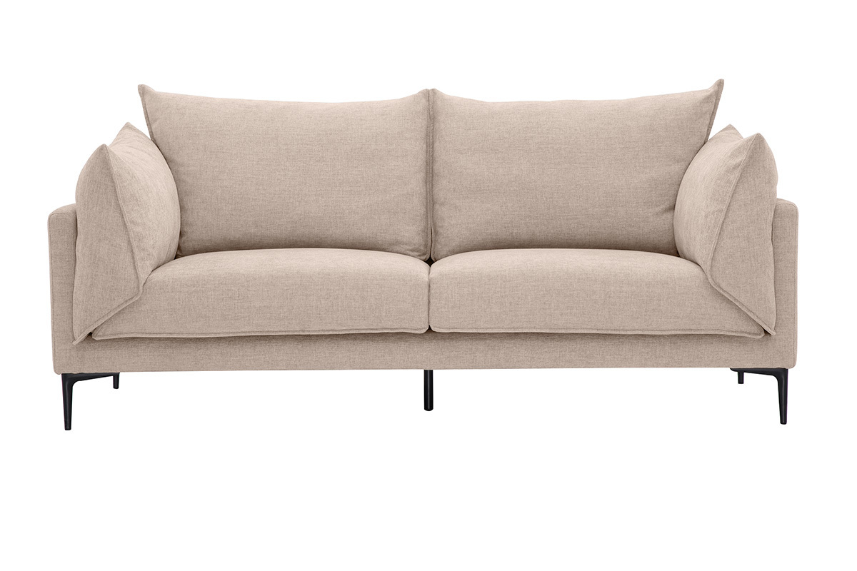 Canap� design 3 places en tissu effet velours beige avec pieds en m�tal noir, vue de face.