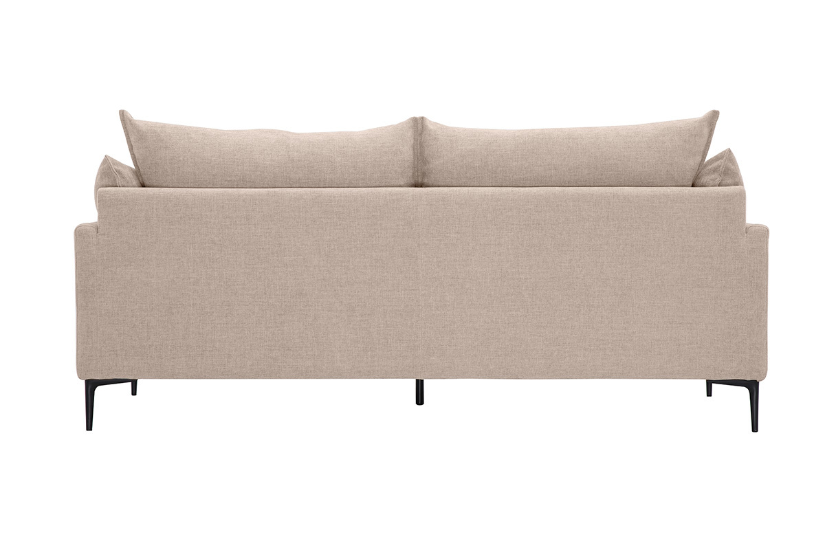 Canap� design 3 places beige en tissu effet velours, vue de dos avec pieds en m�tal noir.