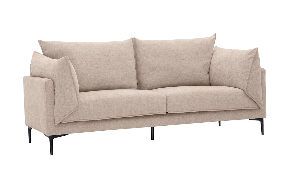Canap� design 3 places en tissu beige avec accoudoirs, pieds en m�tal noir, vue de 3/4.