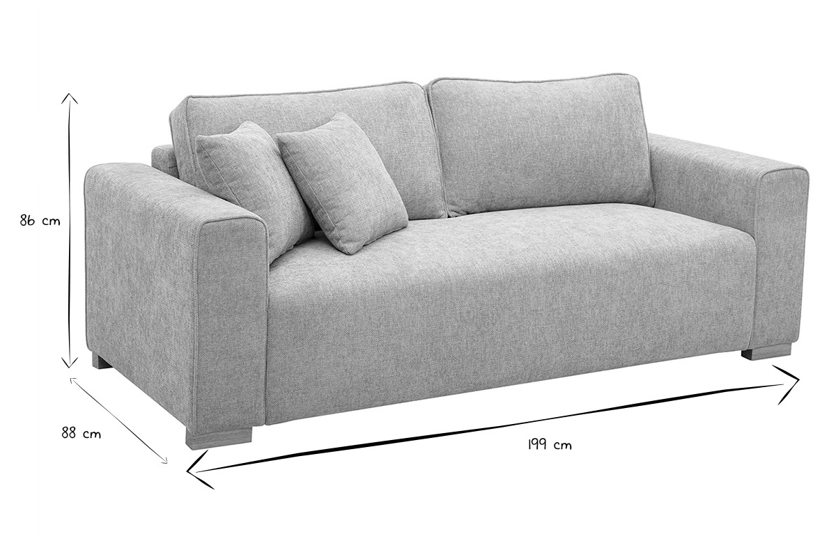 Canap� 3 places en tissu effet velours beige avec dimensions L199 x P88 x H86 cm.