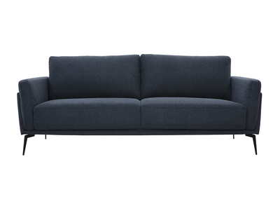 Canap&eacute; design 3 places en tissu effet velours textur&eacute; bleu fonc&eacute; et m&eacute;tal noir MOSCO