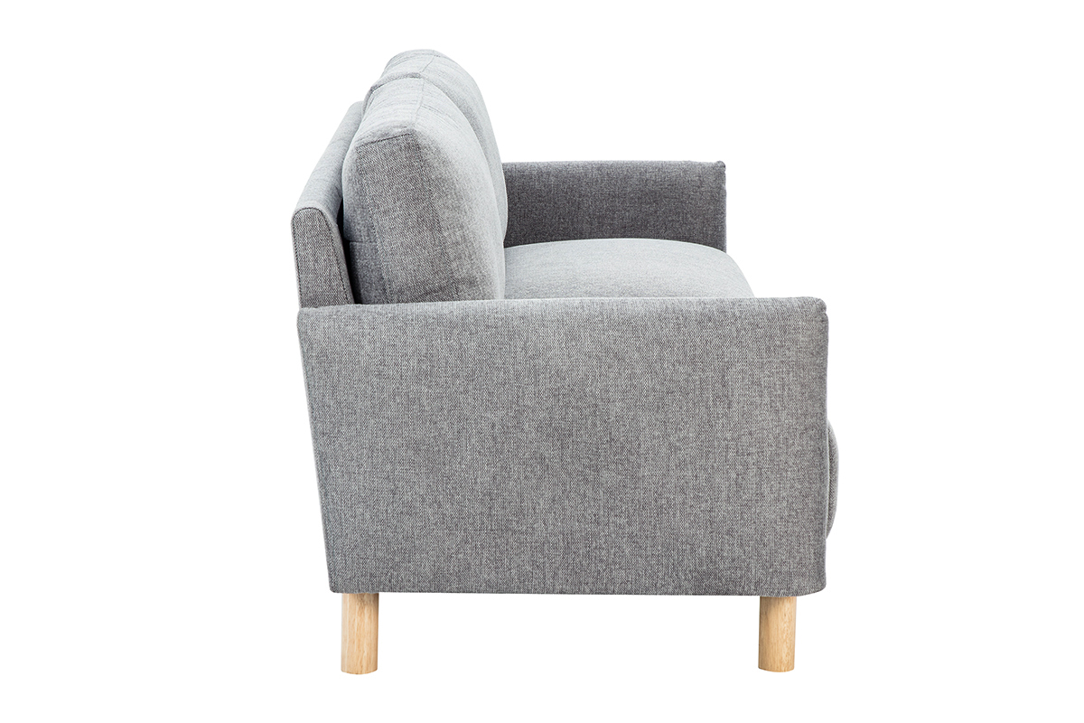 Canap� 3 places gris effet velours, pieds en bois clair, vue de c�t�.