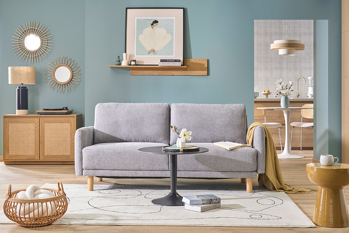 Canap� design 3 places en tissu effet velours textur� gris et bois clair BONO