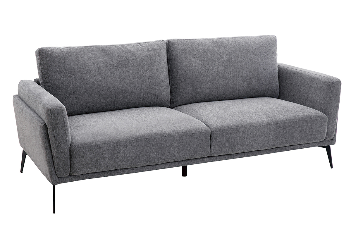 Canap� design 3 places en tissu gris avec pieds en m�tal noir, vue de 3/4.