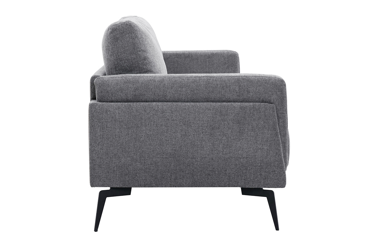 Canap� design 3 places gris en tissu effet velours, vue de profil avec pieds en m�tal noir.