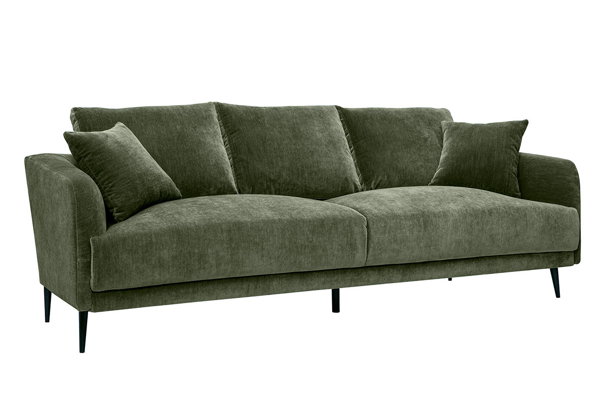 Canap� design 3 places en tissu effet velours vert kaki et m�tal noir JERRY