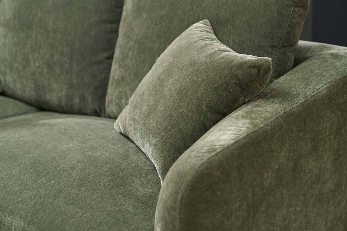 Canap� design 3 places en tissu effet velours vert kaki et m�tal noir JERRY