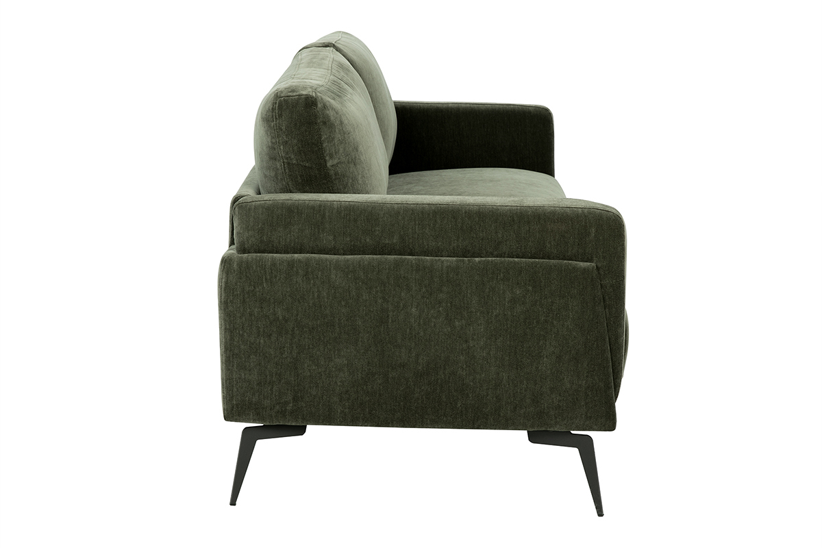 Canap� design 3 places en tissu effet velours vert kaki et m�tal noir MOSCO