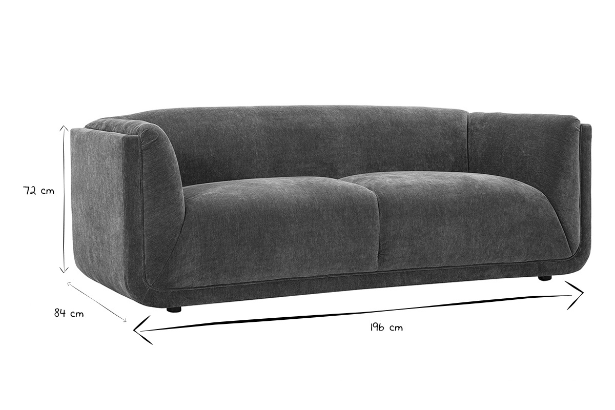 Canap� trois places vue de face, dimensions L196 x P84 x H72 cm en noir et blanc.