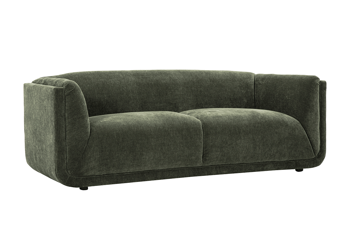 Canap� design 3 places en tissu vert kaki, vue diagonale.