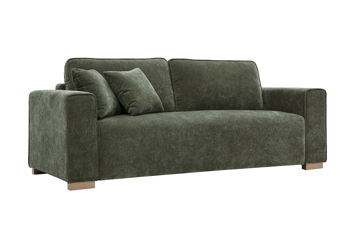 Canap� 3 places en tissu effet velours vert kaki, vue de 3/4.