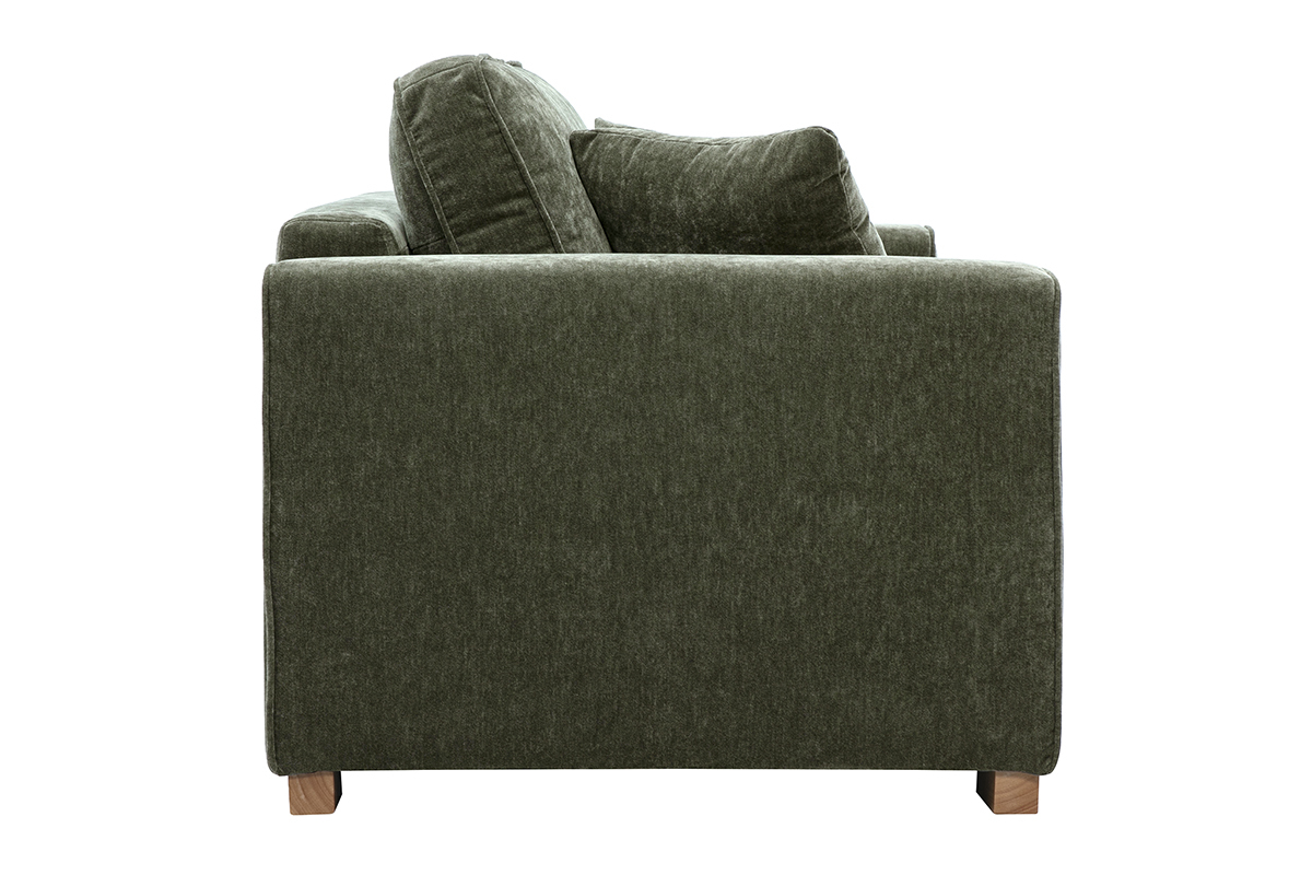 Canap� 3 places vert kaki en tissu effet velours, vue de c�t�.