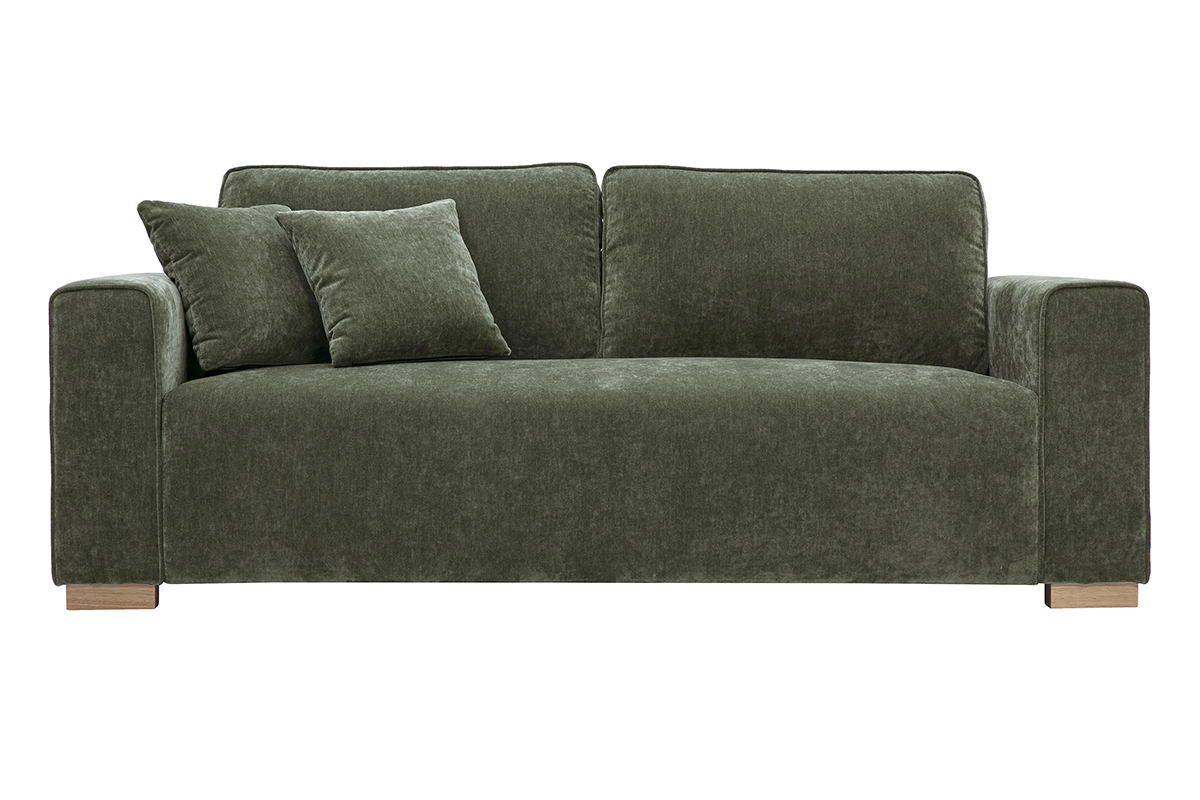 Canap� 3 places en tissu velours vert kaki, vue de face.