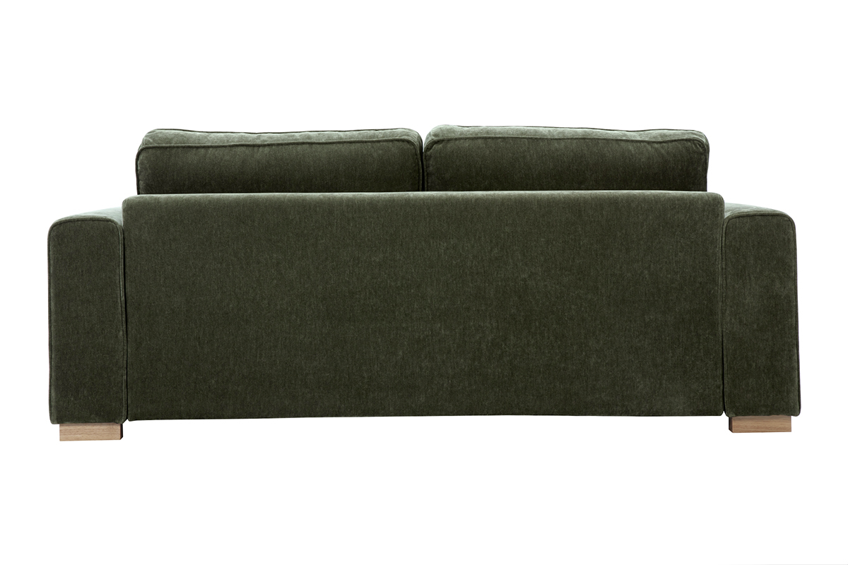 Canap� 3 places en tissu vert kaki effet velours, vue arri�re, pieds en bois.