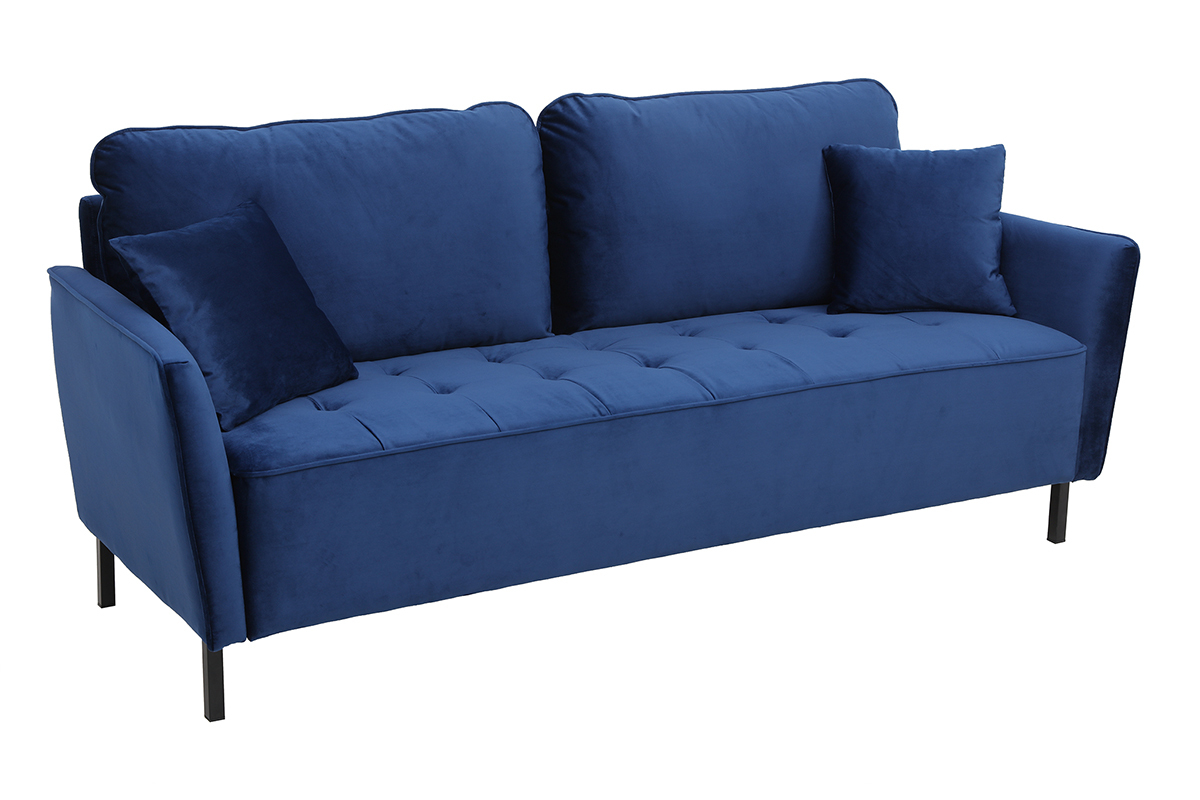 Canap� design 3 places en tissu velours bleu fonc� et m�tal noir BEKA