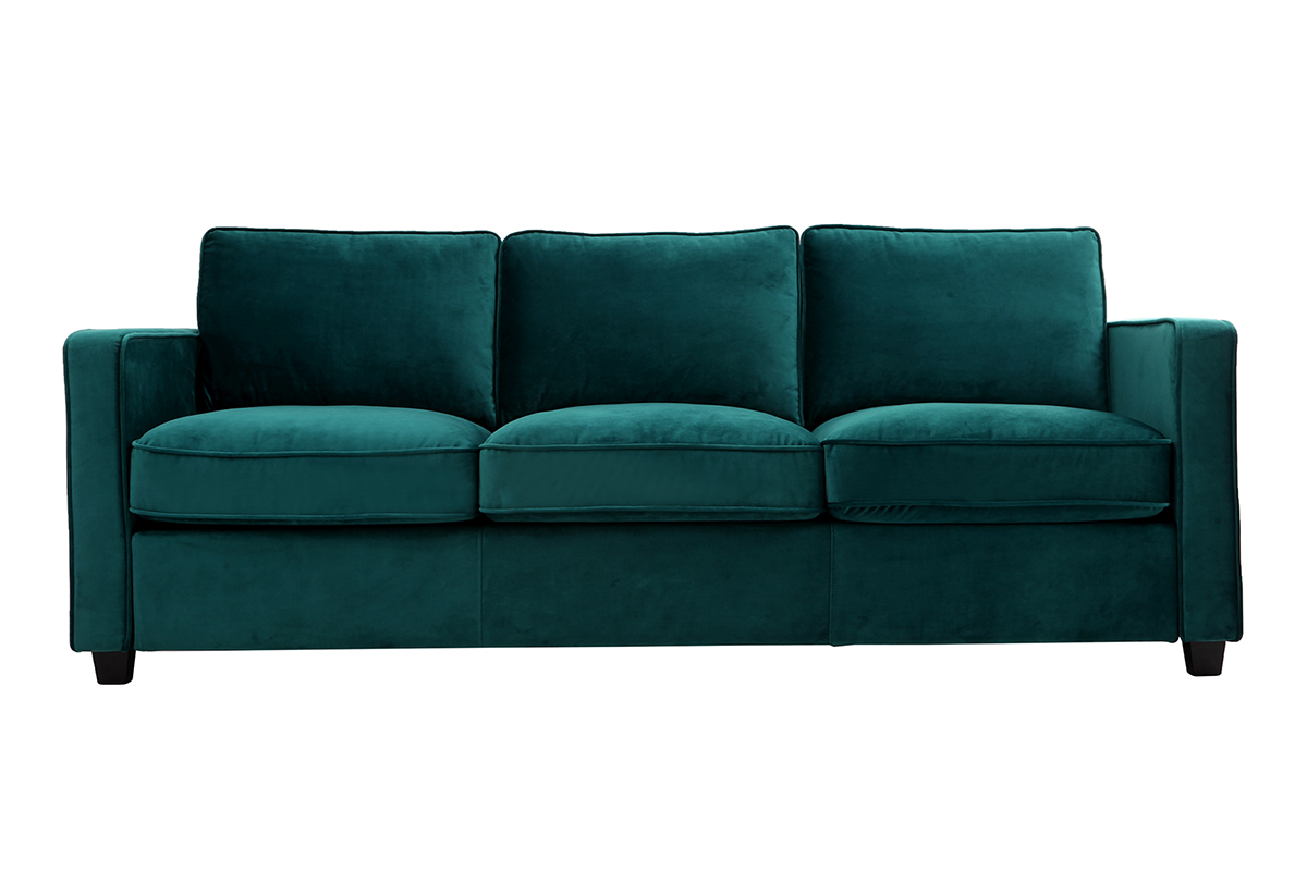 Canap� design 3 places en tissu velours bleu p�trole et bois noir BROOKLYN