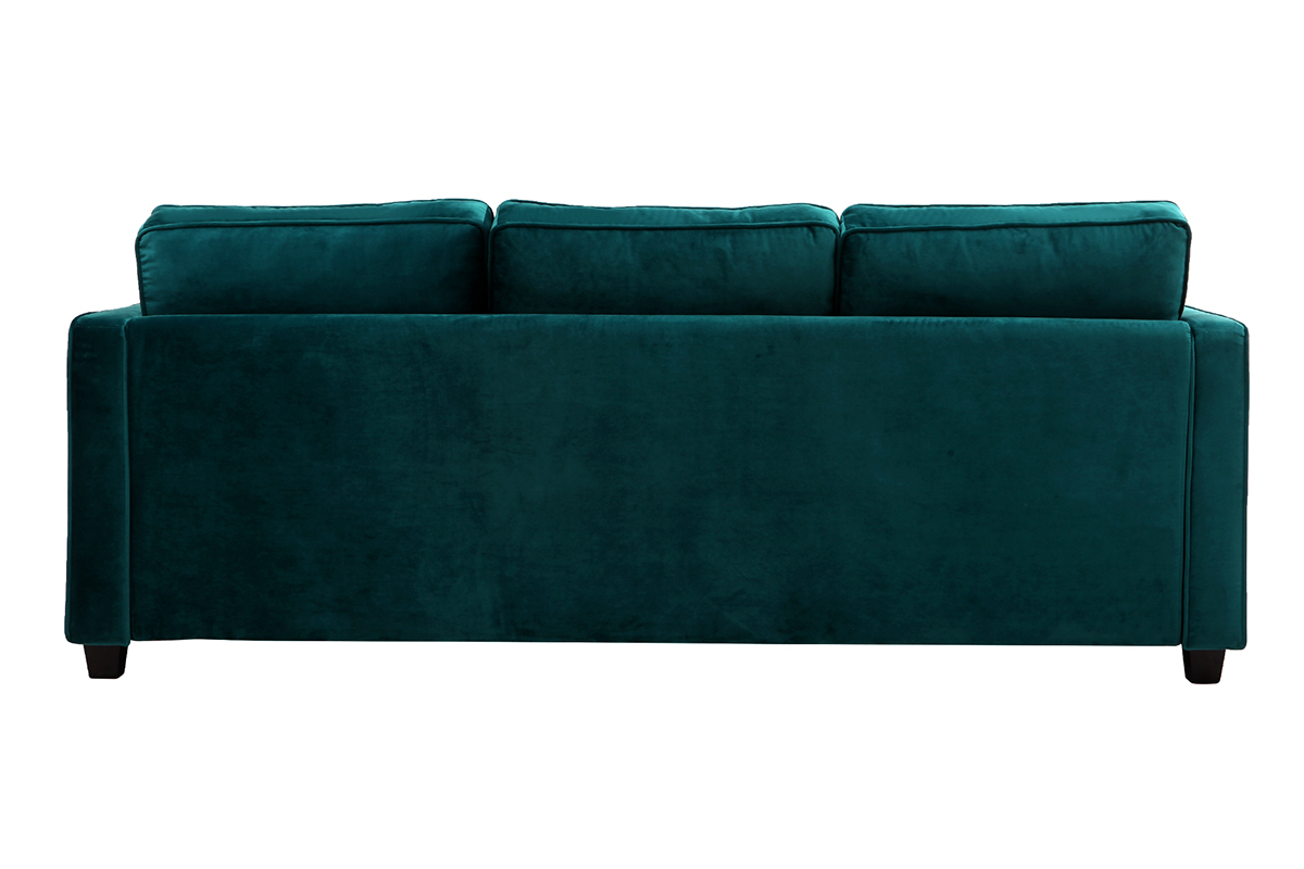 Canap� design 3 places en tissu velours bleu p�trole et bois noir BROOKLYN