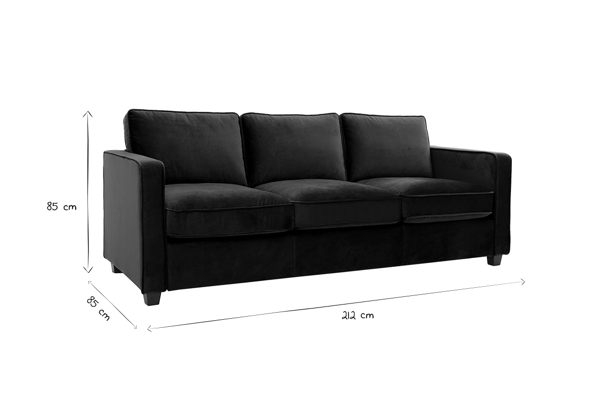 Canap� design 3 places en tissu velours bleu p�trole et bois noir BROOKLYN