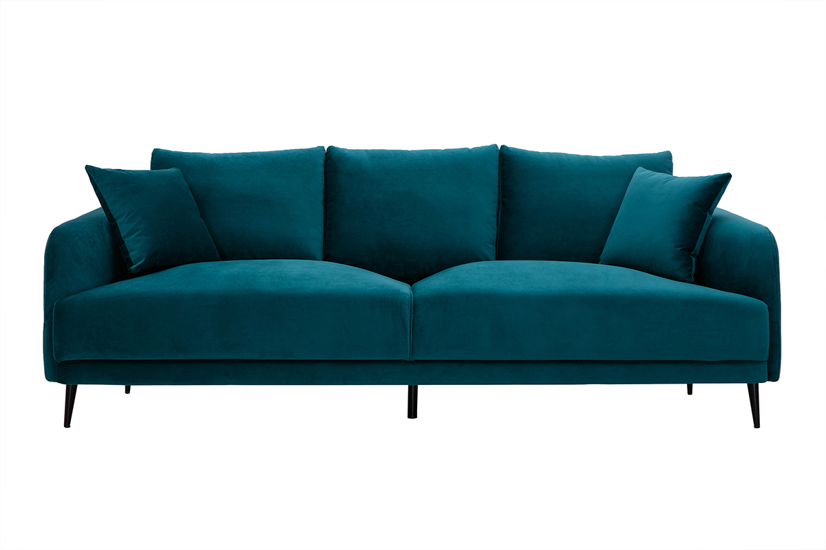 Canap� design 3 places en tissu velours bleu p�trole et m�tal noir JERRY