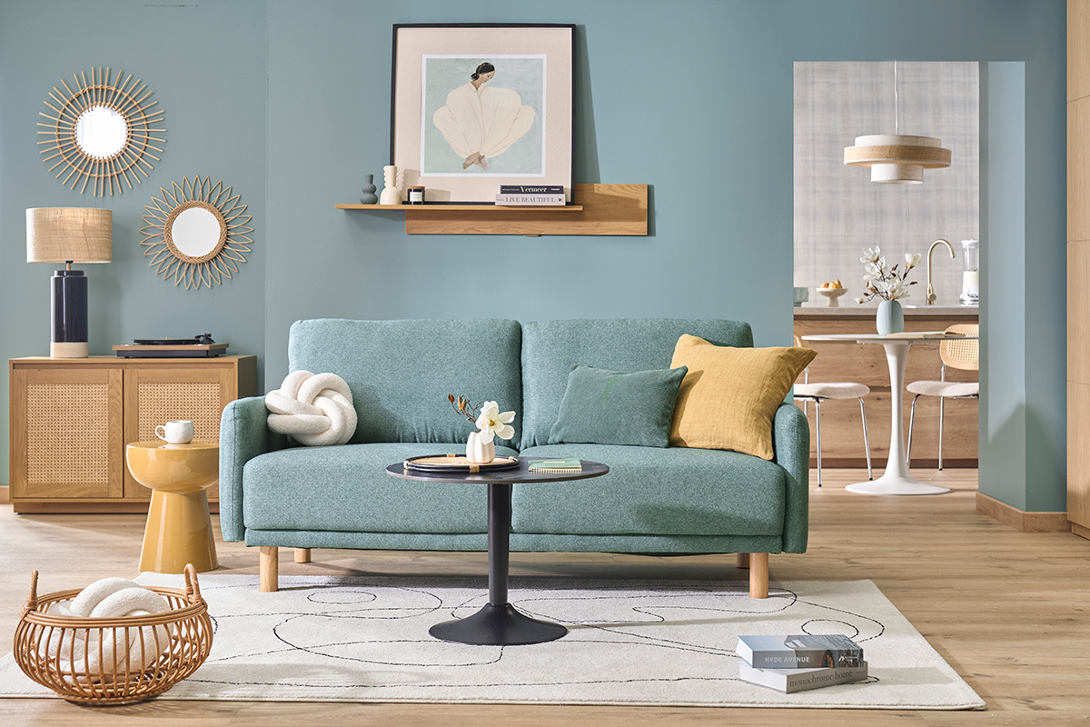 Canap� design 3 places en tissu vert de gris et bois clair BONO